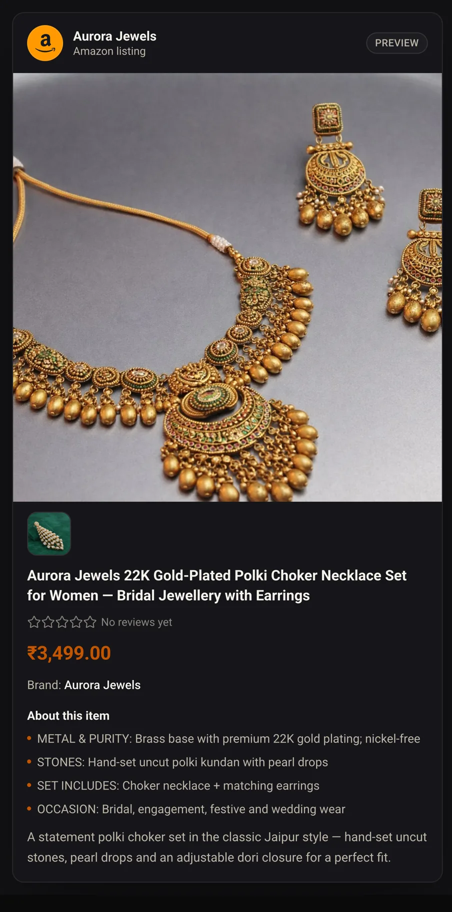 Nimora Sell studio preview of an Amazon jewellery listing with formula title, bullet points, price and brand fields