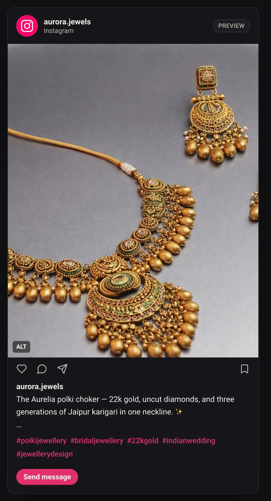Nimora social composer preview of an Instagram jewellery post: antique gold necklace set with AI caption and jewellery hashtags