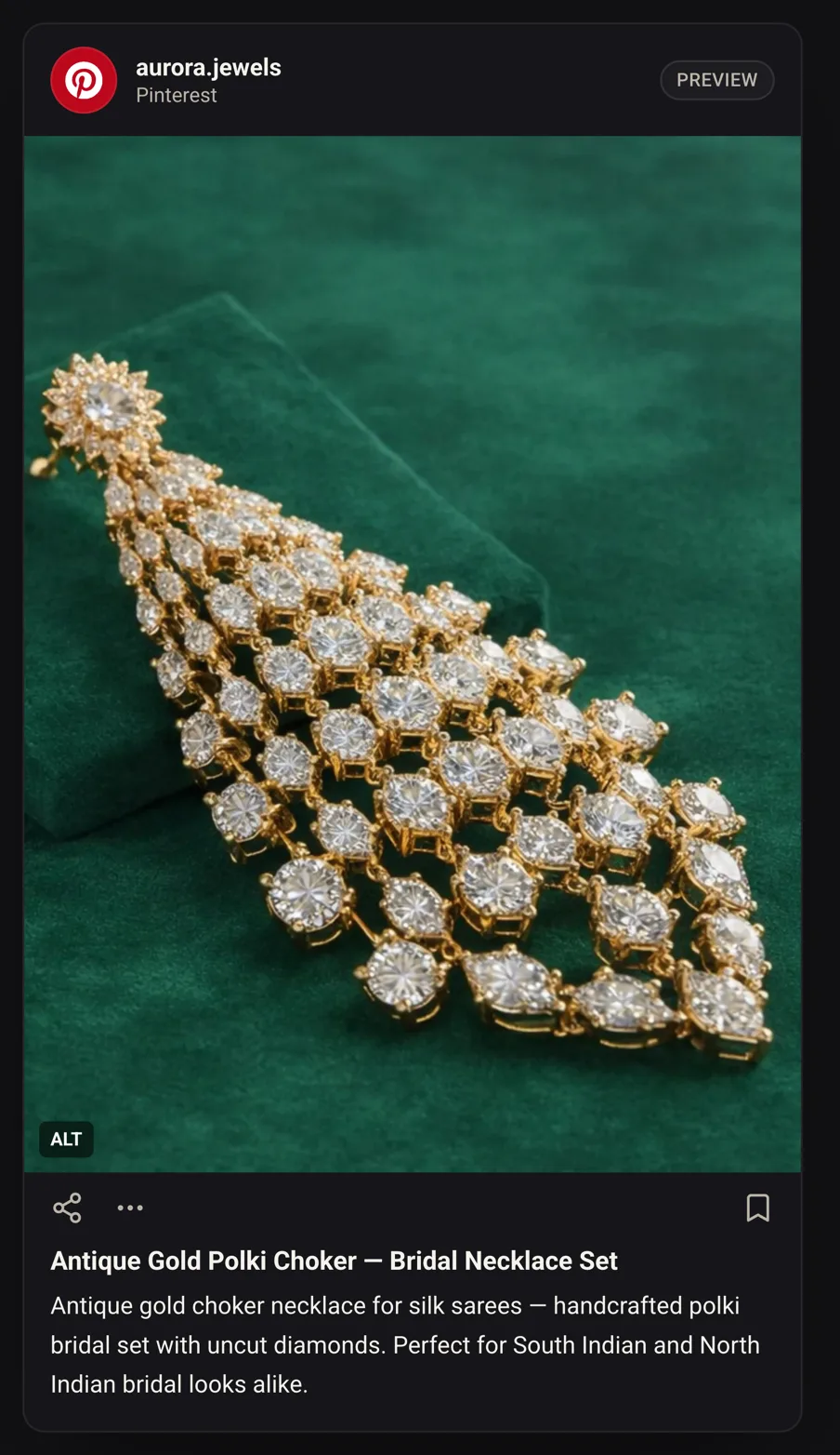 Nimora composer preview of a Pinterest Pin: gold polki bridal necklace with search-phrased title and description